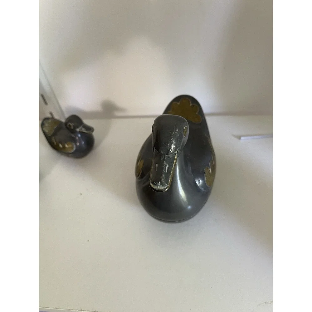 Vintage Solid Pewter and Brass Tin Duck Family Lidded Boxes - Set of 3 Hong Kon